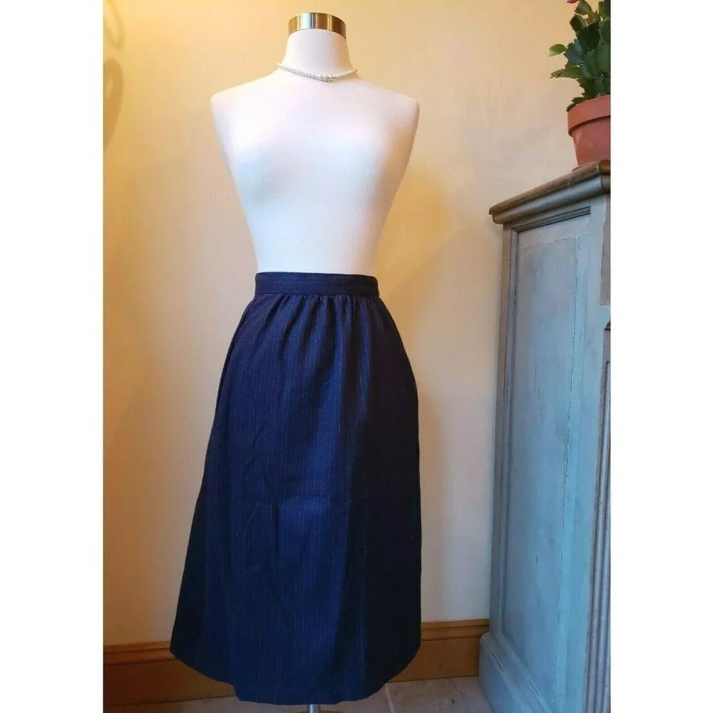 80s Vintage Skirt Wool Blend‎ Below Knee Navy Blue with Stripes Size 12
